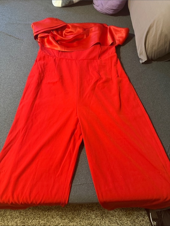 Fashion Nova Pants - Fashion Nova Strapless Red Wide-Leg Jumpsuit with Folded Bodice
